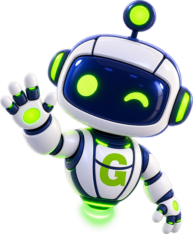 Mascote Gigabom, um robô flutuante amigável